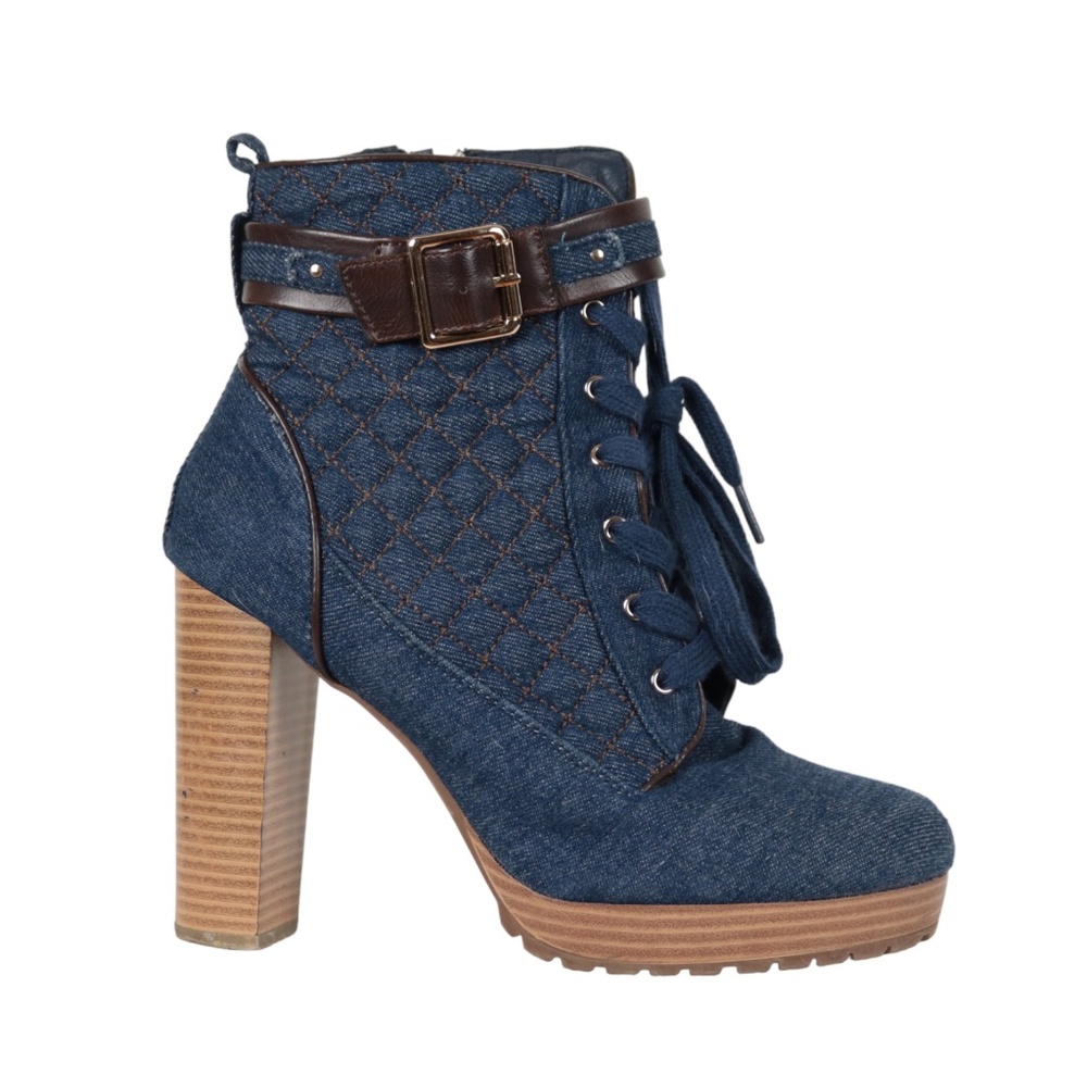 JustFab Quilted Denim "Lights Down Low" Lace-up Belted Hiker Booties Size 7.5
